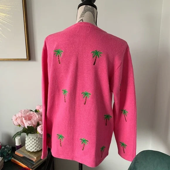 Embroidered palm trees on pink cardigan - Picture 4 of 8